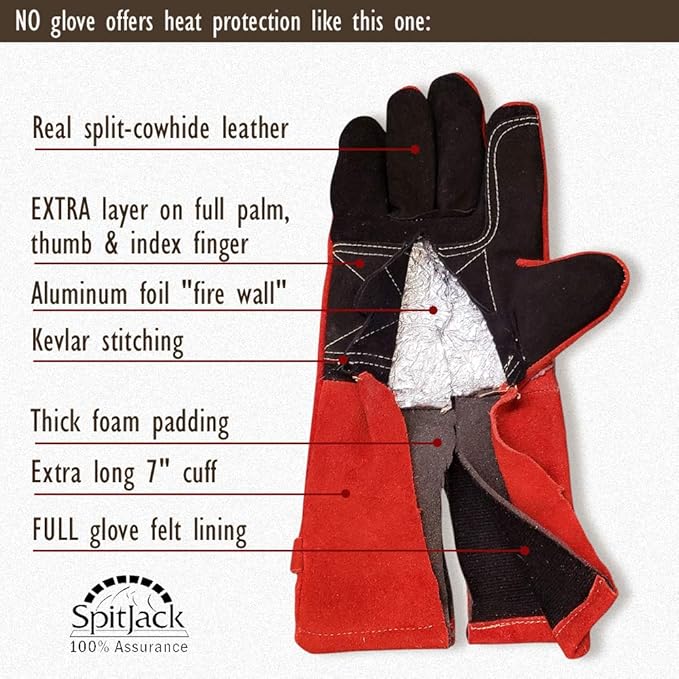 SPITJACK Heat Resistant Fire Protection Fireplace Gloves for Grill, Welding, BBQ Cooking, Wood Stove, Oven, and Kitchen