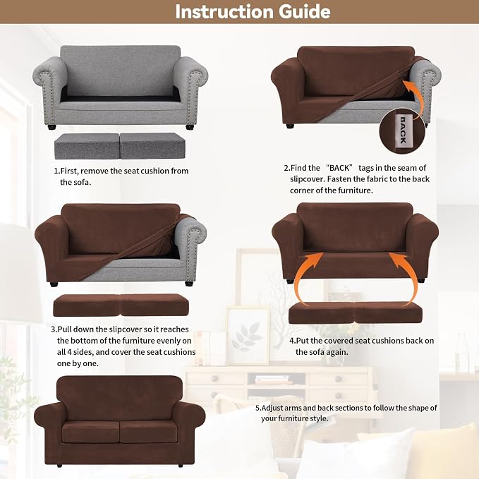 WEERRW Velvet Stretch 3 Pieces Couch Cover for Sofa Washable, Chocolate | Love Seat Couch Covers for 2 Cushion Couch Sofa Furniture Protector slipcoves with Elastic Bottom for Kids, Medium