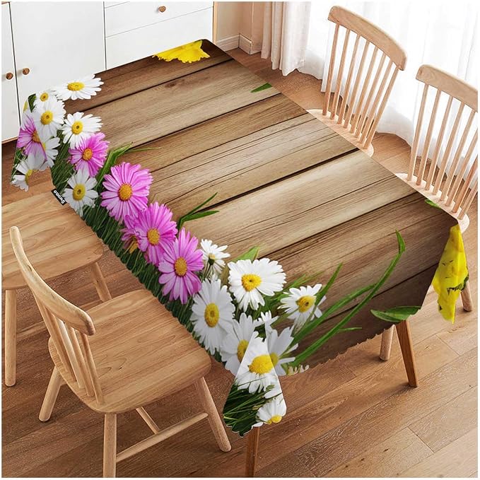 Swono Daisy Flowers Tablecloth Rustic Wooden Colorful Blossom Daisy Rectangle Table Cloth Washable Plaid Table Cover for Kitchen Holiday Dinner, 52x 70 Inch Tablecloth