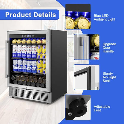 24" 200-Can Beverage Fridge, Under Counter/Freestanding with Glass Door | Temp memory, Reversible door, Quick cool, Beer soda wine, Adjustable shelves, Energy efficient, Digital display, Home bar