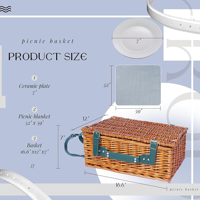 Wicker Picnic Basket Set for 4, Blanket, Cooler Bag, Cottage Plaid | Four-Person Wicker Set Includes Tableware, Insulated Food Storage and Waterproof Blanket for Parks, Camping, Dates and Gifts