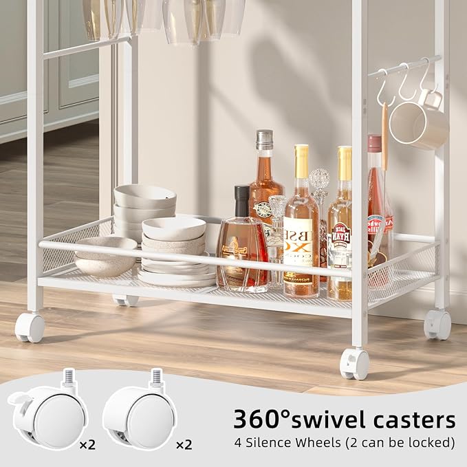 Joaxswe Bar Cart,2-Tier Home Bar Serving Cart with Lockable Wheels,White | Microwave Cart,Mobile Kitchen Shelf,Rolling Beverage Cart with Wine Rack and Glass Holder for Kitchen,Dinning Room