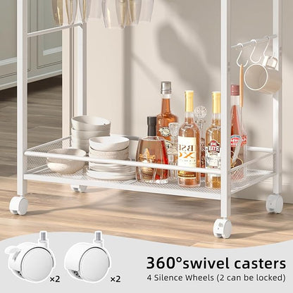 Joaxswe Bar Cart,2-Tier Home Bar Serving Cart with Lockable Wheels,White | Microwave Cart,Mobile Kitchen Shelf,Rolling Beverage Cart with Wine Rack and Glass Holder for Kitchen,Dinning Room