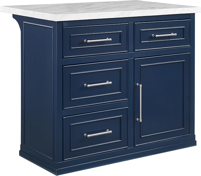 Crosley Furniture Cutler Faux Marble Top Kitchen Island with Storage, Breakfast Bar, Microwave Stand, Navy