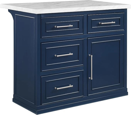 Crosley Furniture Cutler Faux Marble Top Kitchen Island with Storage, Breakfast Bar, Microwave Stand, Navy