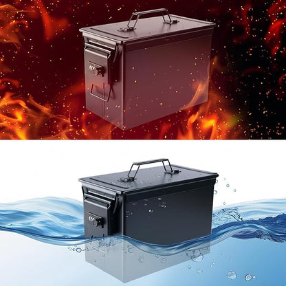 Ammo Can&Ammo Box, Fireproof & Waterproof Metal Storage Box - Perfect for Ammo, Lithium Batteries & RC Car Batteries (Square Lock, Khaki-13.6 * 7.3 * 8.6")