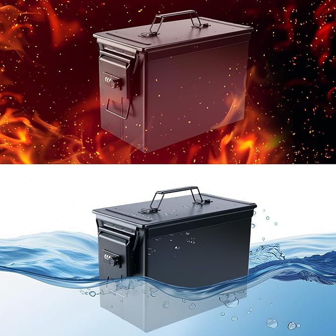 Ammo Can & Ammo Box, Fireproof & Waterproof Metal Storage Box - Perfect for Ammo, Lithium Batteries & RC Car Batteries (Square Lock, Green-12.8 * 7.4 * 6.1")