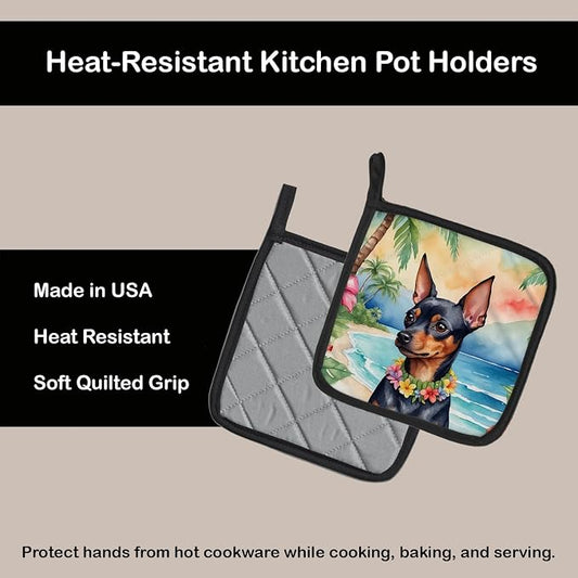 Caroline's Treasures Miniature Pinscher Luau Pair of Pot Holders Kitchen Heat Resistant Pot Holders Sets Oven Hot Pads for Cooking Baking BBQ, 7 1/2 x 7 1/2