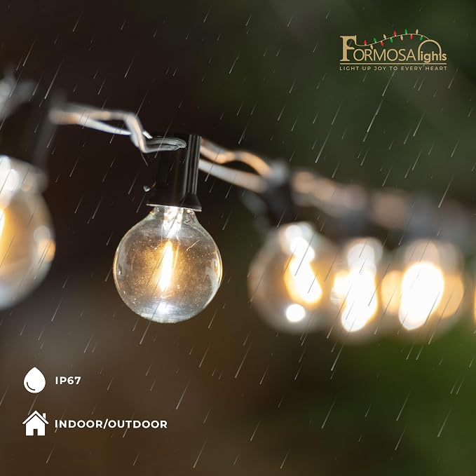 Formosa 26ft Indoor/Outdoor Clear LED Christmas String, Patio Light with 25 Retro Round Waterproof Edison Bulbs,G40 Shatterproof Globe Bulbs, Outside Hanging Lights for Gazebo Garden Backyard Decor