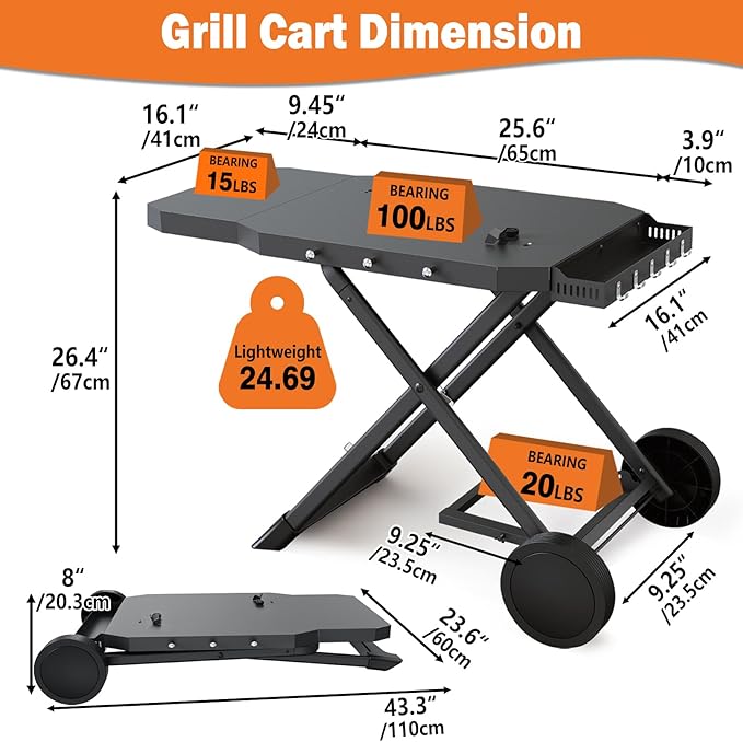 Grill Cart for Weber Q1200, Q1000, Q2200, Q2400, Portable Grill Stand for Blackstone 17"& 22" Table Top Griddles, Foldable Grill Cart for Pizza Ovens with Shelf for Gas Cylinder