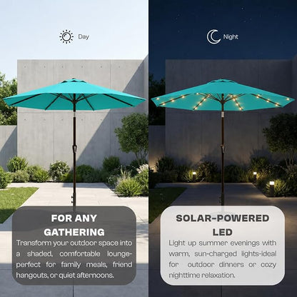 10FT Solar Lighted Patio Umbrella, Outdoor Table Market Umbrellas with Push Button Tilt and Crank, 32 LED Lights, 8 Sturdy Ribs, UV-Resistant for Deck, Garden, Pool
