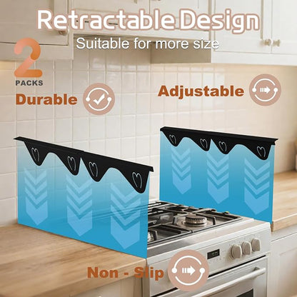 Stainless Steel Stove Gap Filler, 2 Pack Adjustable Covers for Counter, 13.8"-27.5", 0.79" Wide Heat Resistant Oven Guard Range Trim Kit, Black