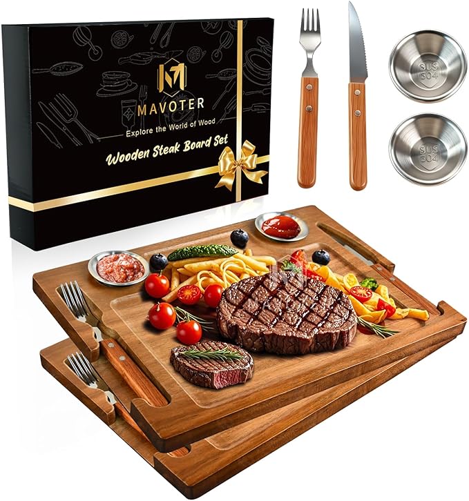 2 Set Acacia Wood Steak Plates Board with Knife Fork Ramekins,Knife-Friendly Food Serving Tray Deep Juice Groove Charcuterie Meat Cutting Boards for Dinner BBQ Party Restaurant & Housewarming Gifts