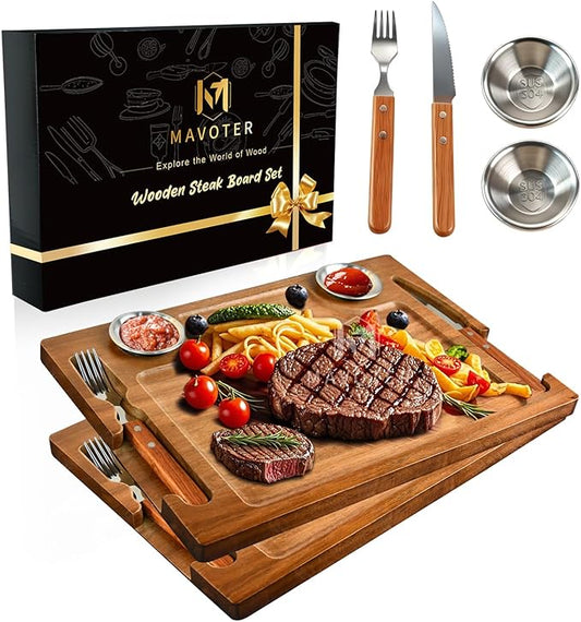 2 Set Acacia Wood Steak Plates Board with Knife Fork Ramekins,Knife-Friendly Food Serving Tray Deep Juice Groove Charcuterie Meat Cutting Boards for Dinner BBQ Party Restaurant & Housewarming Gifts