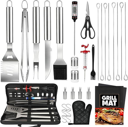 28PCS Stainless Steel BBQ Grill Accessories Set, Grilling Gifts for Men Birthday Father's Day, Portable Multifunction Grilling Utensils Tools Kit with Storage Bag for Outdoor Grill Camping BBQ Party