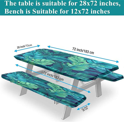 Tropical Palm Leaves Picnic Table Cover with Bench Covers, Hawaiian Green Leaf Waterproof Windproof Camping Rectangle Tablecloths Fitted Picnic Table Cover for Outdoor, Picnic, Camping, 72x28 In
