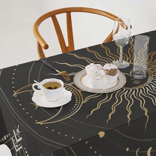 Vintage Sun Tablecloth Boho Celestial Star Magical Galaxy Space Moon Phases Table Cloth Water Resistant Wipeable Table Cover for Farmhouse Picnic Party Holiday Kitchen Dinner Table 60"x120"