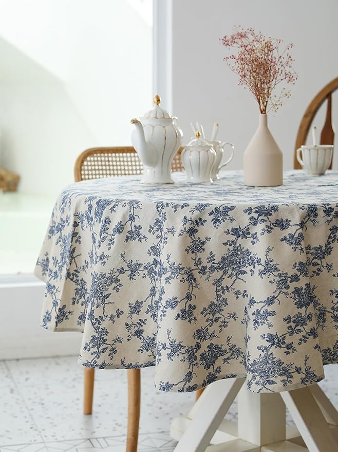 YiHomer Pastoral Round Tablecloth - 60 Inch Dia. Table Cloth - Washable Table Cover with Dust-Proof Wrinkle Resistant for Restaurant, Picnic, Indoor and Outdoor Dining, Floral (Dark Blue)