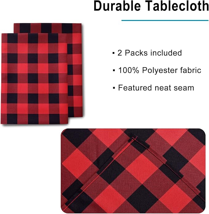 Hiasan Christmas Red and Black Plaid Tablecloth Waterproof, 2 Pack, 60 x 84 inch - Checkered Table Cloth Rectangle for Party/Dining/Family Gathering
