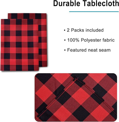 Hiasan Christmas Red and Black Plaid Tablecloth Waterproof, 2 Pack, 60 x 84 inch - Checkered Table Cloth Rectangle for Party/Dining/Family Gathering
