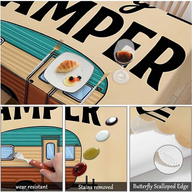 Swono 52x70 Inch Happy Camper Tablecloth Retro Car Camping Outdoor Farmhouse Dining Table Cloth Anti-Stain Talking Table Cover for Kitchen Dinning Room Coffee Store