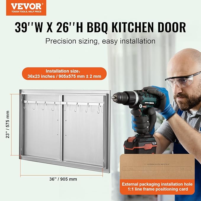 VEVOR BBQ Access Door, 39W x 26H Inch Double Outdoor Kitchen, Stainless Steel Flush Mount, Wall Vertical with Handles and Hooks, for BBQ Island, Grilling Station, Outside Cabinet
