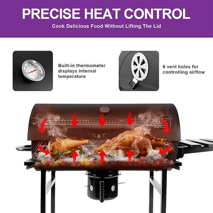 Charcoal BBQ Grill with Thermometer & Foldable Side Table, 565 sq in Cooking Space Large Charcoal Grills, Barrel Charcoal Grills for Backyards Picnic Cookouts