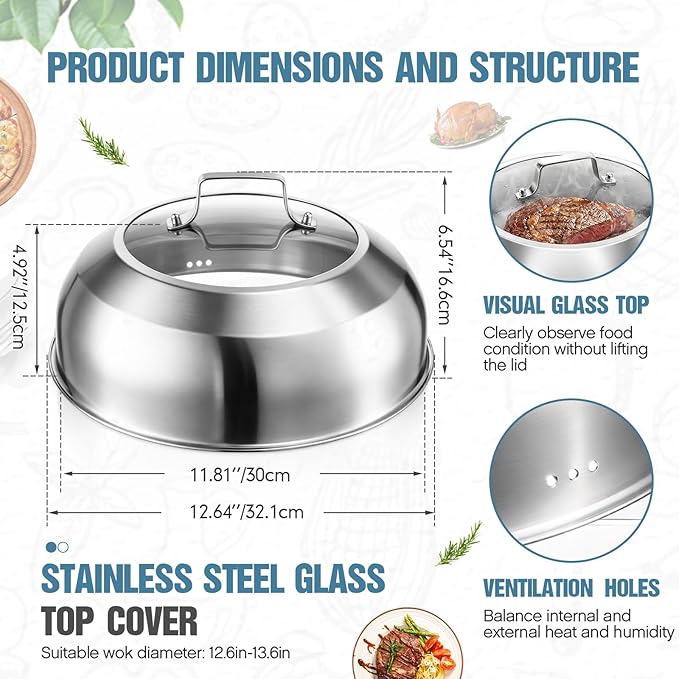 Zhehao 2 Pcs 12.6 Inch Wok Lid Pan Cover for 13 Inch Wok Stainless Steel Cheese Melting Dome with Tempered Glass Insert Steam Hole Handle Dishwasher-Safe Pot Lid for Griddle Flat Top Grills