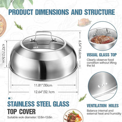 Zhehao 2 Pcs 12.6 Inch Wok Lid Pan Cover for 13 Inch Wok Stainless Steel Cheese Melting Dome with Tempered Glass Insert Steam Hole Handle Dishwasher-Safe Pot Lid for Griddle Flat Top Grills