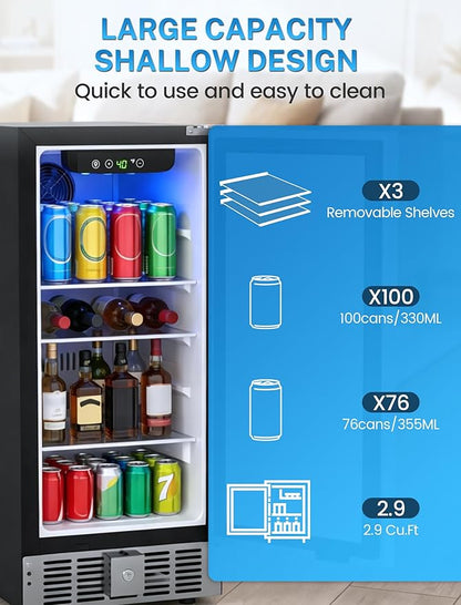 Electactic 15 Inch Beverage Refrigerator, Under Counter Drink Fridge with Stainless Steel Door, Built-in & Freestanding Beverage Cooler for Beer Wine Soda, Outdoor Refrigerator for Patio Home Kitchen