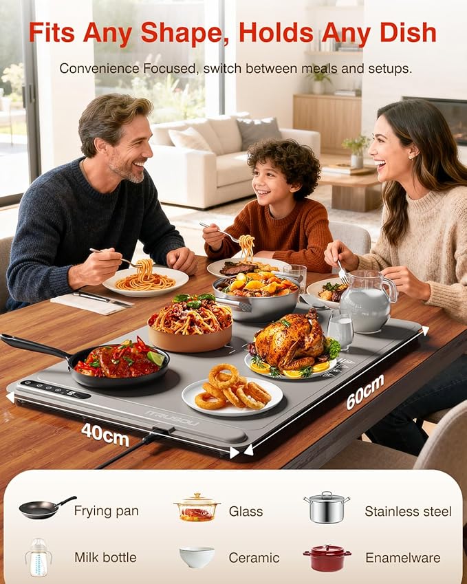 Warming Mat for Food (24"x16") - iTRUSOU 7-Level Electric Warming Tray with 400W High-Power, Timer 0–99H & Built-In Strap - Rollable Large Food Warming Mat for Parties & Buffet