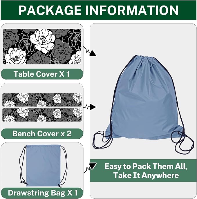 Picnic Table Cover with Bench Covers, Black Flowers, 3PCS, 72 Inch | Full Elastic Edge Waterproof Wipeable Camping Tablecloth RV Outdoor Patio Park Essentials With Drawstring Bag
