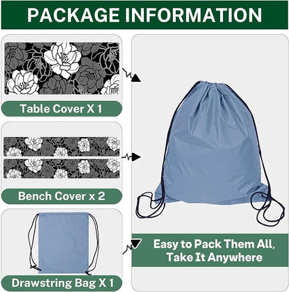 Picnic Table Cover with Bench Covers, Black Flowers, 3PCS, 72 Inch | Full Elastic Edge Waterproof Wipeable Camping Tablecloth RV Outdoor Patio Park Essentials With Drawstring Bag