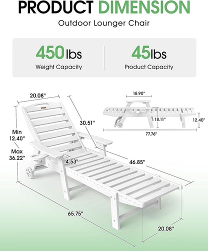 Chaise Lounge Outdoor, Lounge Chair Outdoor with Wood Texture, Adjustable 5-Position Backrest, HDPE Lounge Chair with Wheels & Cup Holder for Pool Deck Backyard, White