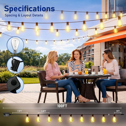 99FT LED Outdoor String Lights with Remote Control, 35+1 Bulbs Dimmable Patio Lights, 3 Lighting Modes & 3/6H Timer, 2700K Warm White, Weatherproof Hanging Lights for Backyard Garden