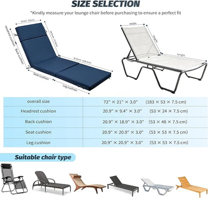 2 Pcs Outdoor Chaise Lounge Cushion 72" x 21" x 3", 4-Section Folding Patio Lounge Chair Cushion with Ties, Waterproof & Fade Resistant Replacement Cushion for Pool, Patio, Deck (Blue, 2 Pcs)