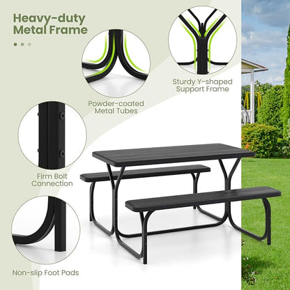 Picnic Table, Outdoor Dining Table with 2 Benches, Wood Grain Tabletop, Heavy Duty Metal Frame, Portable Picnic Table for Outdoors Backyard Garden Lawn Patio Poolside Deck (Black)