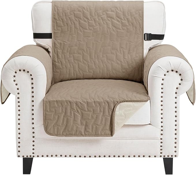 CUCRAF Non Slip Quilted Sofa Cover, Water Resistant Slipcover Furniture Protector for 1 Cushion Sofa Pet Friendly, Washable Couch Cover with Adjustable Elastic Straps (Small Chair, Light Khaki)