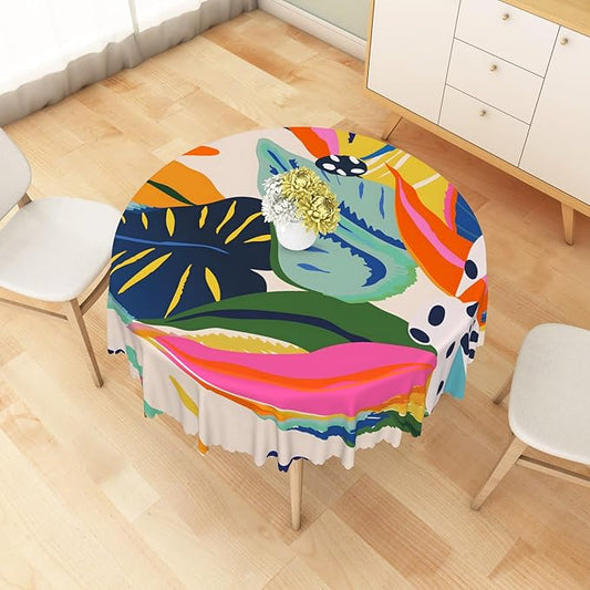 Multicolour Leaf Tablecloth 70x70 Inch Round Abstract Boho Style Floral Circle Tablecloths Polyester Vintage for Picnic Party Dinner Artistic Table Cover for Dining BBQ Picnic Coffee Table