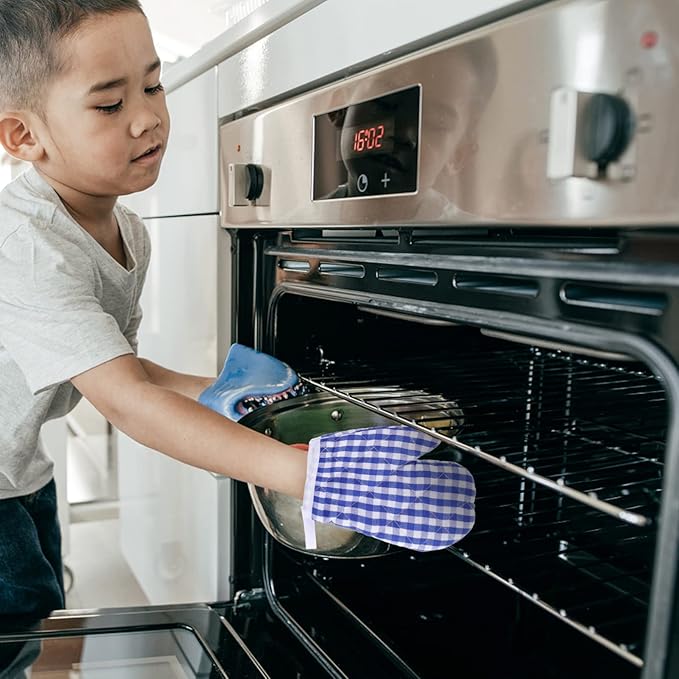 2Pcs Oven Mitts for Play Kitchen, Anti- Scald Gloves Microwave Oven Gloves Kitchen Mitts for Safe Baking Cooking (Dark Blue Checkered)