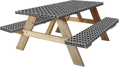 6ft 72in Picnic Table and Bench Cover, 3 Pack, Black-White Moroccan | Waterproof Windproof, Elastic Fitted Edges Tablecloth, for Rectangle Table & Seat, Camping Essentials RV Gear