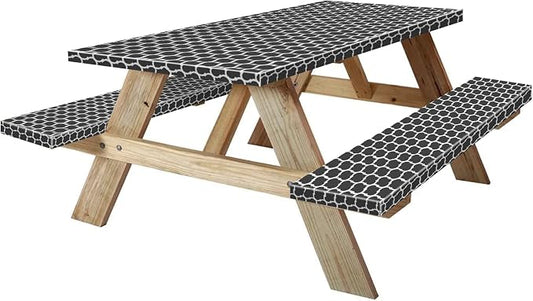 6ft 72in Picnic Table and Bench Cover, 3 Pack, Black-White Moroccan | Waterproof Windproof, Elastic Fitted Edges Tablecloth, for Rectangle Table & Seat, Camping Essentials RV Gear