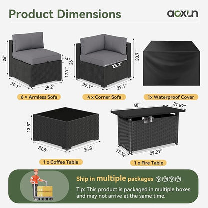Aoxun 15 Piece Patio Furniture Set with 44” Fire Pit Table Rattan Patio Sectional Sofa Set Outdoor Seating Furniture with Thickened Cushion, Grey