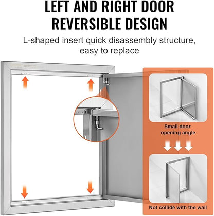 VEVOR Outdoor BBQ Kitchen Door, 18W x 21H Inch Stainless Steel Flush Mount Vertical Door with Recessed Handle, for BBQ Island, Grilling Station, Outside Cabinet