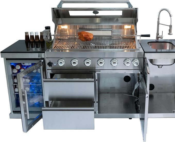 Modular Outdoor Kitchen Island,6-Burner 85000 BTU Stainless Steel Propane Gas Outdoor Kitchen Barbecue Island with Electric Rotisserie,Sink,BBQ Grill,Refrigerator and Cabinets (Silver, 85 Inch)