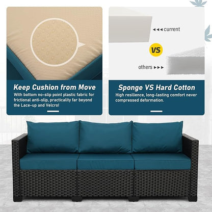 Rattan Star Outdoor Furniture Couch 3 Seater Sofa Outdoor Wicker Sofa Deep Seat High Backrest Patio Couch with Non-Slip Cushions Waterproof Cover, Peacock Blue