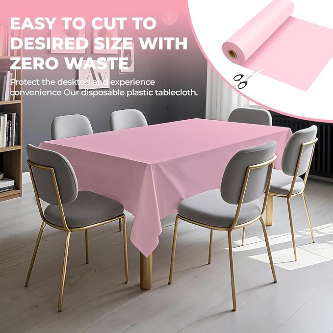 54 Inch X 100 Feet Plastic Table Cover Roll Premium Disposable Plastic Tablecloth for All Type/Shape Tables | Picnic, Party, Banquet, Birthdays, Weddings (Pink, 54 Inch X 100 Feet)