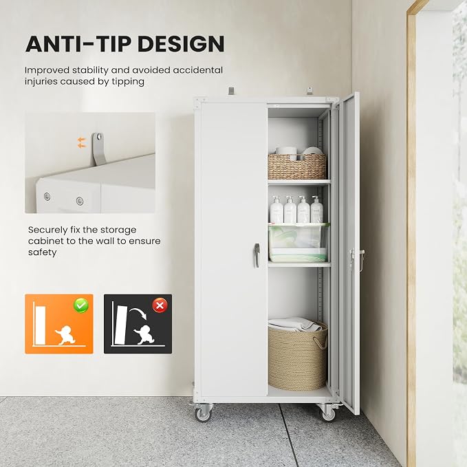 DUMOS 72 Inch Garage Storage Cabinet, Tool Organizer, Lockable File Cabinet | Tall Rolling Metal Steel Frame Storage with Lockable Wheels and Adjustable Shelves, Fits Home Office Warehouse, White