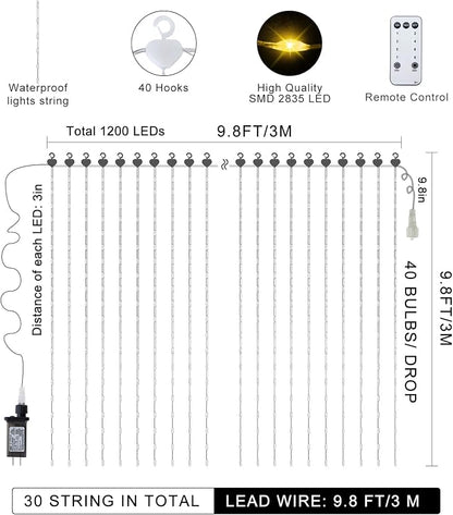 1200 LED Curtain Fairy Lights 10Ftx10Ft with Timer Remote Control Plug in | 8 Modes Curtain Lights Outdoor Waterproof Christmas String Lights forBedroom Backdrop Wedding Party Decoration, Warm White