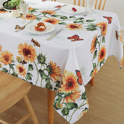 SASTYBALE Sunflower Tablecloth, White, 60x120 Inch Rectangle | Polyester, Spill-Proof, Dust-Proof, Wrinkle-Free, Spring Summer Garden Parties